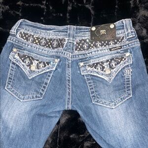 Miss Me Blue Straight Leg Jeans with Rhinestone Embellishments